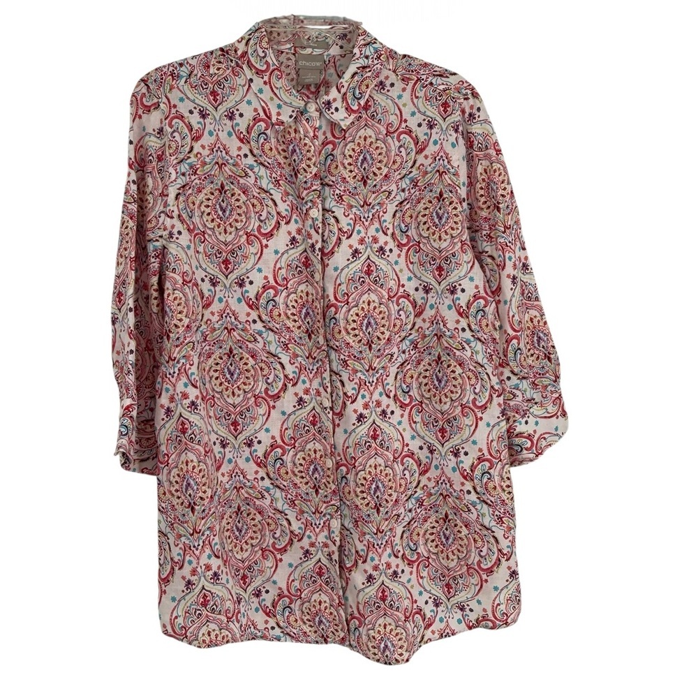 Chico's no-iron Button Front Linen Blouse Size 2(L) pink white Floral 3/4 Sleeve